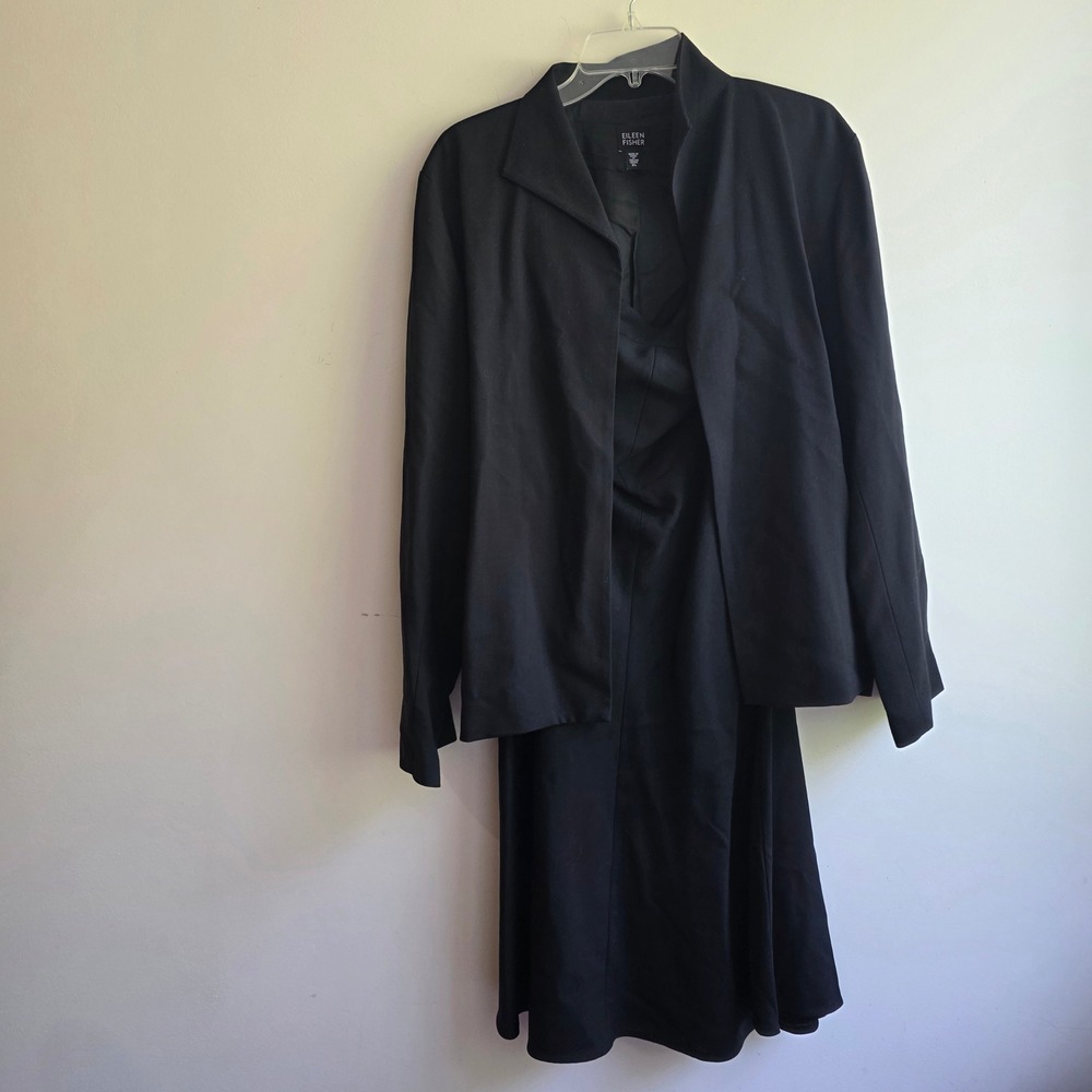 Eileen Fisher Womens XL Black 100% Wool Italian Fabric Skirt Suit 2 Piece Set